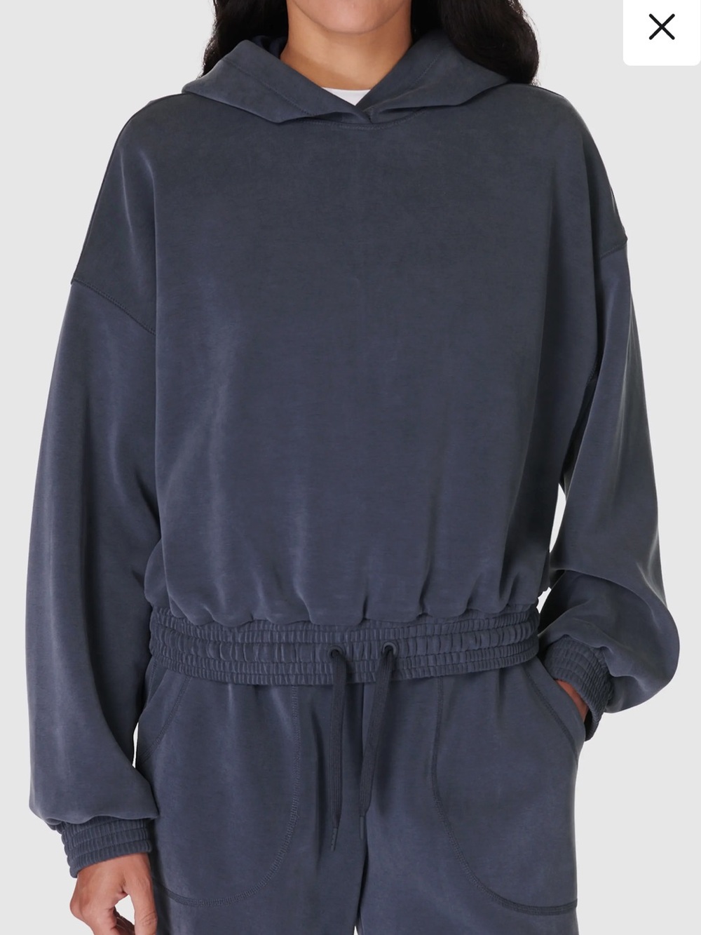 Sweaty Betty Women Sand Wash Crop Hoodie Blue Drawstring Hem Pullover Sweatshirt